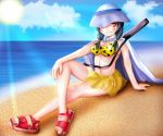  1girl amber_eyes bare_legs beach bikini cape grey_hair long_legs original_character rollerskates sandals scabbard see-through_skirt solo sun_hat twintails xaznminigrlx 