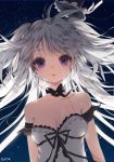  1girl :o artist_name breasts choker cleavage dress long_hair off_shoulder open_mouth original silver_hair solo sorolp star violet_eyes 