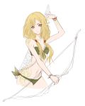  arm_up arrow arrow_(weapon) bad_id bare_shoulders bikini blonde_hair bow_(weapon) elf green_bikini long_hair low_twintails multicolored_eyes original partially_colored pointy_ears serious shirleiy simple_background sketch spot_color swimsuit twintails weapon white_background 