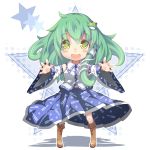 :d bare_shoulders blush boots chibi detached_sleeves frog_hair_ornament green_eyes green_hair hair_ornament hair_tubes kochiya_sanae long_hair long_skirt open_mouth outstretched_arms shiitake_(mm0820) skirt smile snake solo star touhou