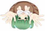  bucket green_eyes green_hair hair_bobbles hair_ornament in_bucket in_container kisume open_mouth outstretched_arms short_hair smile solo touhou twintails white_background 