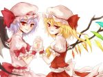  ascot bat_wings blonde_hair blue_hair bow crystal flandre_scarlet hair_bow hand_holding hat holding_hands multiple_girls oxlee puffy_sleeves red_eyes remilia_scarlet short_hair short_sleeves siblings side_ponytail sisters smile tongue touhou vampire wings wrist_cuffs 