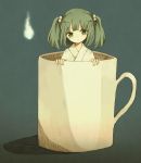  1girl cup green_eyes green_hair hair_bobbles hair_ornament hitodama in_container in_cup kisume short_hair solo touhou twintails 