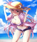  bikini breasts cleavage collarbone crescent hat leaning_forward long_hair mouth_hold patchouli_knowledge popsicle purple_eyes purple_hair ram_hachimin side-tie_bikini solo straw_hat striped striped_bikini striped_swimsuit sun_hat sweat swimsuit swimsuit_under_clothes touhou vertical-striped_bikini vertical_stripes violet_eyes 