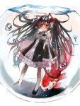  animal_ears bad_id black_hair cat_ears cat_tail fish fishbowl flower gothic_lolita hair_flower hair_ornament hair_ribbon highres koi lolita_fashion long_hair original red_eyes ribbon rose solo tail twintails underwater unkq very_long_hair 