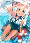  1girl :o flower hair_flower hair_ornament highres kantai_collection lifebuoy long_hair one-piece_tan ro-500_(kantai_collection) school_swimsuit school_uniform serafuku sitting solo swimsuit swimsuit_under_clothes tan tanline torpedo water 