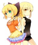  arnoul bare_shoulders blonde_hair bow casual dark_persona dress dual_persona fate/stay_night fate/unlimited_codes fate_(series) frills green_eyes hair_bow long_hair lowres ponytail saber saber_alter saber_lily yellow_eyes 