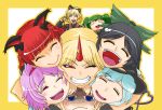  alternate_eye_color animal_ears black_hair blonde_hair blue_eyes bow braid bucket cat_ears closed_eyes eyes_closed grin hair_bobbles hair_bow hair_ornament hairband hat horn hoshiguma_yuugi in_bucket in_container kaenbyou_rin kisume komeiji_koishi komeiji_satori kurodani_yamame long_hair long_sleeves mizuhashi_parsee multiple_girls open_mouth pink_hair red_eyes red_hair redhead reiuji_utsuho short_hair smile star subterranean_animism touhou twin_braids twintails wink 