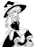  akanonasu hat kirisame_marisa long_hair monochrome simple_background sketch skirt skirt_lift solo touhou white_background witch_hat 
