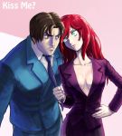  1girl bangs breasts brown_hair caitlyn_(league_of_legends) character_request cleavage formal garen_crownguard green_eyes hand_on_hip highres katarina_du_couteau league_of_legends long_hair necktie necktie_pull no_bra office_lady red_hair redhead sheep_(yangdor) suit 