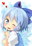  blue_eyes blue_hair blush bow cirno hair_bow heart ice ice_wings jigatei_(omijin) open_mouth puffy_sleeves short_hair short_sleeves solo touhou v wings wink 