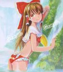  ass bikini brown_eyes brown_hair frilled_bikini frills hair_tubes hakurei_reimu long_hair looking_back mayo_riyo sample shiny shiny_skin smile solo swimsuit touhou traditional_media wading water waterfall 