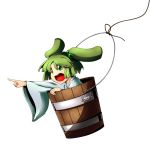  33kudo bucket green_eyes green_hair hair_bobbles hair_ornament in_bucket in_container kisume long_sleeves open_mouth pointing short_hair solo touhou twintails white_background wide_sleeves 
