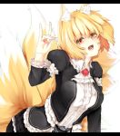  \n/ alternate_costume animal_ears ascot belt blonde_hair breasts eyebrows fingernails flower fox_ears fox_tail frills letterboxed long_sleeves multiple_tails nanairo_neru open_mouth puffy_sleeves rose short_hair simple_background solo tail touhou white_background yakumo_ran yellow_eyes 