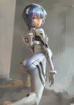  aro_(charged_time_out) ass ayanami_rei blue_hair bodysuit kneeling looking_back neon_genesis_evangelion pilot_suit plugsuit realistic red_eyes science_fiction short_hair solo 