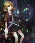  arm_warmers blonde_hair green_eyes leaning light_particles looking_at_viewer mizuhashi_parsee open_mouth pointy_ears riinu_(ir-n) scarf shirt short_hair skirt socks solo stone touhou white_legwear 