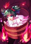  bad_id blue_eyes bucket fire green_hair hair_bobbles hair_ornament highres in_bucket in_container kisume long_sleeves meronpanna_(mikoniito) open_mouth short_hair solo touhou twintails 
