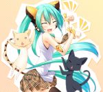  aqua_hair ayatudura cat cat_tail closed_eyes eyes_closed hatsune_miku highres long_hair necktie open_mouth paw_pose skirt solo tail thigh-highs thighhighs twintails very_long_hair vocaloid 