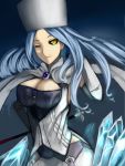  aleron belinda black_sclera blue_hair breasts cape cleavage corset elbow_gloves gloves hat highres huge_breasts ice kumiko_(aleron) long_hair miniskirt skirt skull solo staff unlight white_gloves wink 