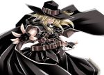  alternate_costume belt black_gloves blonde_hair buckle cape fingerless_gloves gloves hair_ornament hat highres kirisame_marisa koumajou_densetsu long_hair looking_at_viewer outstretched_arms outstretched_hand serious simple_background solo spread_arms touhou white_background witch_hat yellow_eyes yoiti 