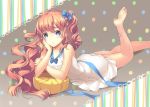  anklet barefoot blue_eyes bow curly_hair dress feet hair_bow hand_on_own_face jewelry legs_up long_hair looking_at_viewer lying on_stomach orange_hair original pillow side_ponytail sleeveless sleeveless_dress soles solo toes unya_(unya-unya) wavy_hair 