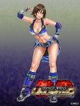  1girl alternate_costume bare_shoulders belt bent_over boots breasts brown_eyes brown_hair cleavage contrapposto elbow_gloves elbow_pads fingerless_gloves gloves halter_top halterneck kazama_asuka large_breasts lipstick makeup midriff namco navel official_art salute short_shorts shorts solo sweater_around_waist tekken tekken_5_(dark_resurrection) tekken_tag_tournament_2 unzipped wink yamashita_shun&#039;ya yamashita_shun&#039;yan 