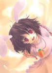  animal_ears black_hair bunny_ears carrot dutch_angle inaba_tewi jewelry looking_at_viewer necklace okota_(artist) open_mouth outstretched_arms rabbit_ears red_eyes short_hair short_sleeves smile solo touhou 