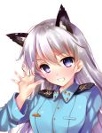  animal_ears blush bust dog_ears eila_ilmatar_juutilainen grin hayakawa_harui long_hair military military_uniform purple_eyes silver_hair smile solo strike_witches uniform violet_eyes waving white_background 