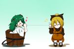  blonde_hair blush bow bucket closed_eyes eyes_closed green_hair hair_bobbles hair_bow hair_ornament heart in_bucket in_container kisume kurodani_yamame long_sleeves multiple_girls open_mouth phone short_hair smile squatting string_phone touhou twintails 