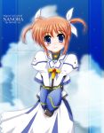  blue_eyes blush bow brown_hair dress english fingerless_gloves flipper gauntlets gloves hair_bow lyrical_nanoha magical_girl mahou_shoujo_lyrical_nanoha mahou_shoujo_lyrical_nanoha_the_movie_1st purple_eyes short_twintails smile solo takamachi_nanoha title_drop twintails 