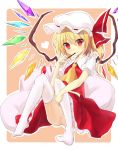  bad_id blonde_hair blush bow flandre_scarlet hat highres mouth_hold pocky red_eyes short_hair side_ponytail solo thigh-highs thighhighs touhou ut_pictura_poesis white_legwear wings 