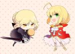  ahoge arnoul blonde_hair breasts chibi cleavage dark_excalibur dress epaulettes fate/extra fate/hollow_ataraxia fate_(series) food gothic_lolita green_eyes hair_ribbon hamburger lolita_fashion multiple_girls ribbon saber saber_alter saber_extra see-through sword weapon yellow_eyes 