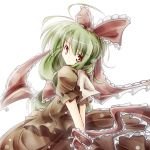  alternate_eye_color arm_ribbon arms_behind_back bow frills front_ponytail green_hair hair_bow hair_ornament hair_ribbon hands_together itsutsuki kagiyama_hina long_hair looking_at_viewer looking_back open_mouth red_eyes ribbon short_sleeves simple_background solo touhou white_background 