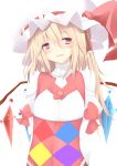  absurdres alternate_costume arm_behind_back blonde_hair blush bow fangs flandre_scarlet hair_tubes hat hat_ribbon highres long_sleeves open_mouth red_eyes ribbon short_hair side_ponytail simple_background smile solo sukage symbol-shaped_pupils touhou white_background wings 