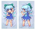  arm_up bare_legs barefoot blue_dress blue_eyes blue_hair blush bow cirno dakimakura dress hair_bow looking_at_viewer lying on_back on_stomach open_mouth puffy_sleeves sankuma shirt short_hair short_sleeves solo touhou turning wings 
