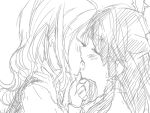  akanonasu blush closed_eyes eyes_closed french_kiss hakurei_reimu kirisame_marisa kiss long_hair lowres monochrome multiple_girls simple_background sketch touhou white_background yuri 