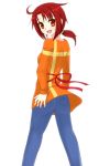  :d ass blush bow from_behind highres hino_akane jeans long_sleeves looking_back nagamon open_mouth orange_eyes ponytail precure red_hair redhead smile smile_precure! solo 