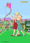  2girls ankle_bracelet arabatos blonde_hair blue_dress blue_eyes dress hug_from_behind kite lisa_simpson long_hair maggie_simpson mary_janes necklace pearls red_dress smile the_simpsons 