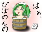  bathing blush breasts bucket cleavage closed_eyes collarbone eyes_closed green_hair hair_bobbles hair_ornament in_bucket in_container kisume open_mouth short_hair solo touhou translation_request twintails water 