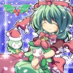  arm_ribbon blush bow christmas closed closed_eyes crossover dress eyes front_ponytail green_hair hair_bow hair_ornament hair_ribbon hat holding kagiyama_hina lilligant long_hair merry_christmas nullpooo petilil pokemon red_dress red_eyes ribbon santa_hat short_sleeves smile snowflakes solo touhou 