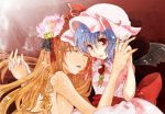  alternate_hairstyle bad_id bare_shoulders bat_wings blue_hair breasts brooch closed_eyes dress eyes_closed flower graphite_(medium) hair_down hair_flower hair_ornament hand_holding hat holding_hands hong_meiling jewelry large_breasts looking_at_viewer multiple_girls nude parted_lips red_eyes remilia_scarlet short_hair sideboob sleeping tamago_furikake touhou traditional_media wings 