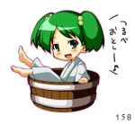  barefoot blush bucket green_eyes green_hair hair_bobbles hair_ornament in_bucket in_container kisume open_mouth short_hair solo takasegawa_yui touhou translation_request twintails 