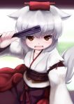  alternate_costume animal_ears blush chipika collarbone detached_sleeves fan hat highres inubashiri_momiji japanese_clothes obi open_mouth solo tail touhou white_hair wolf_ears wolf_tail yellow_eyes 