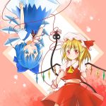  aaaabo arm_behind_back ascot blonde_hair blue_eyes blue_hair bow cirno colored_eyelashes dress fairy_wings flandre_scarlet hair_bow hand_in_mouth hat hat_ribbon highres ice ice_wings laevatein looking_at_viewer midriff multiple_girls navel open_mouth red_eyes red_string ribbon shirt short_sleeves side_ponytail skirt skirt_set smile string thread touhou upside-down wings 
