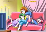  3girls arabatos bangs bare_legs blue_eyes blue_hair bob_cut brown_hair couch cuddling dress flip-flops green_hair hairband jeans long_hair original_character pink_eyes powerpuff_girls sandals short_hair short_sleeve_dress sitting sleeveless_dress twintails violet_eyes watching_tv 