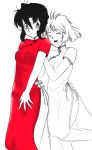  black_hair blush bob_cut breasts china_dress chinese_clothes dress gunsmith_cats ladymarta long_dress minnie_may_hopkins multiple_girls partially_colored pushing rally_vincent red_dress short_hair side_slit spot_color work_in_progress 