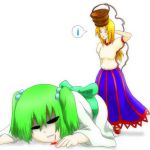 blonde_hair blood blood_in_mouth bucket don9899 green_hair hair_bobbles hair_ornament horn hoshiguma_yuugi kisume long_hair long_skirt long_sleeves multiple_girls puffy_sleeves short_hair short_sleeves skirt standing touhou twintails white_background