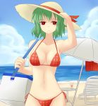  alternate_costume beach beach_umbrella bikini breasts chair cleavage cloud clouds collarbone cooler expressionless glass green_hair hand_on_hat hat highres kazami_yuuka miyo_(ranthath) navel red_eyes short_hair side-tie_bikini sky solo standing sun_hat swimsuit table touhou umbrella 