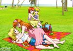  4girls apple barefoot bbmbbf blonde_hair blossom_(ppg) blue_eyes bubbles_(ppg) croptop dress food_in_mouth hairband long_hair original_character picnic pink_eyes pinned_on_ground powerpuff_girls pregnant redhead skirt strawberry twintails wine_bottle 