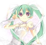  39 aqua_hair bad_id bare_shoulders bow dress enje_(pixiv3289887) hair_bow hatsune_miku long_hair looking_at_viewer purple_eyes smile solo twintails v violet_eyes vocaloid white_dress 